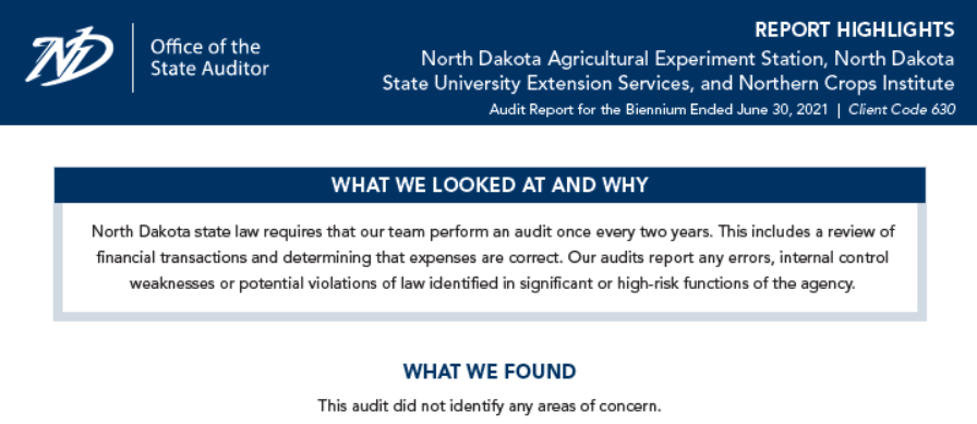 2021 ND Ag Experiment Station, NDSU Ext Services, Northern Crops Inst