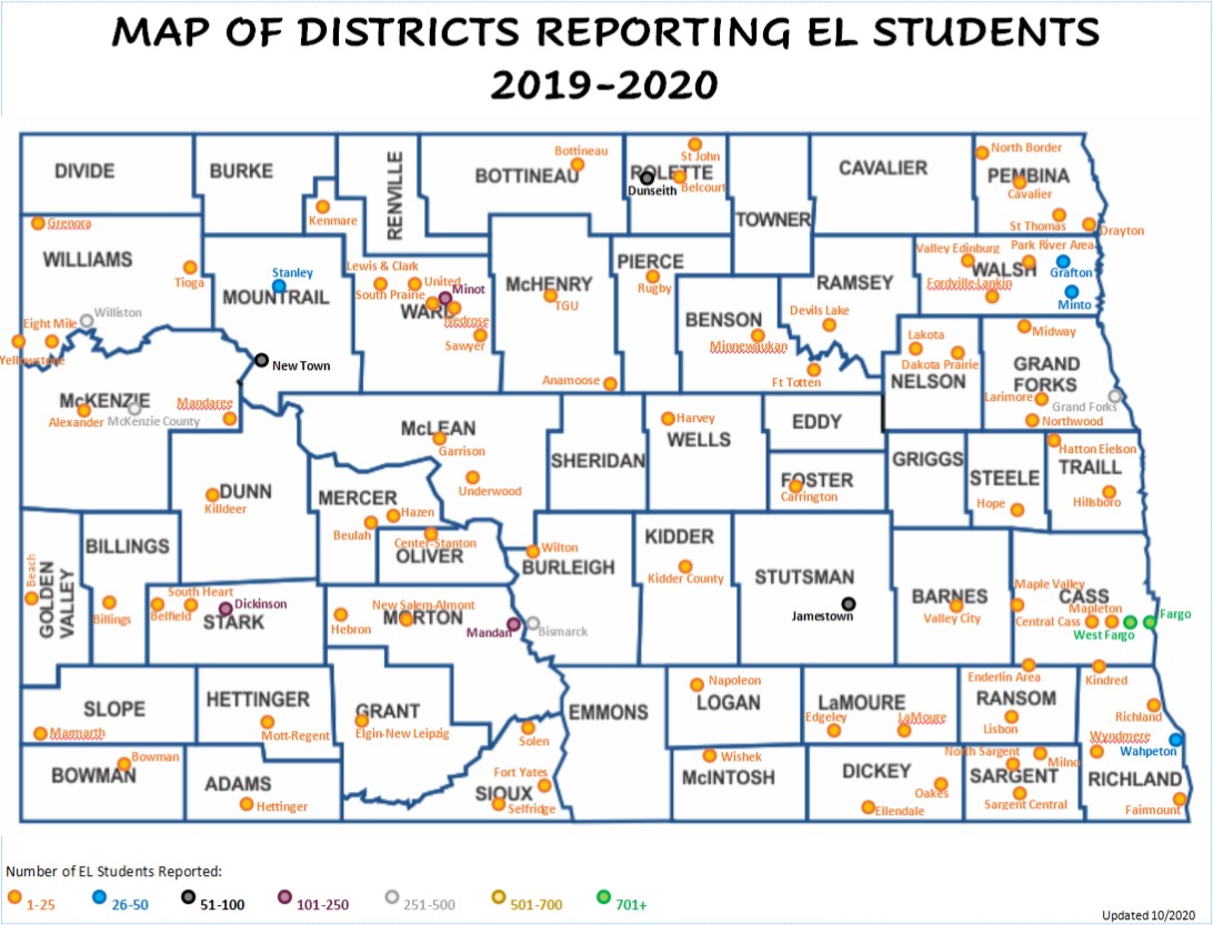 2019-20 Map of ND Districts Reporting EL Students