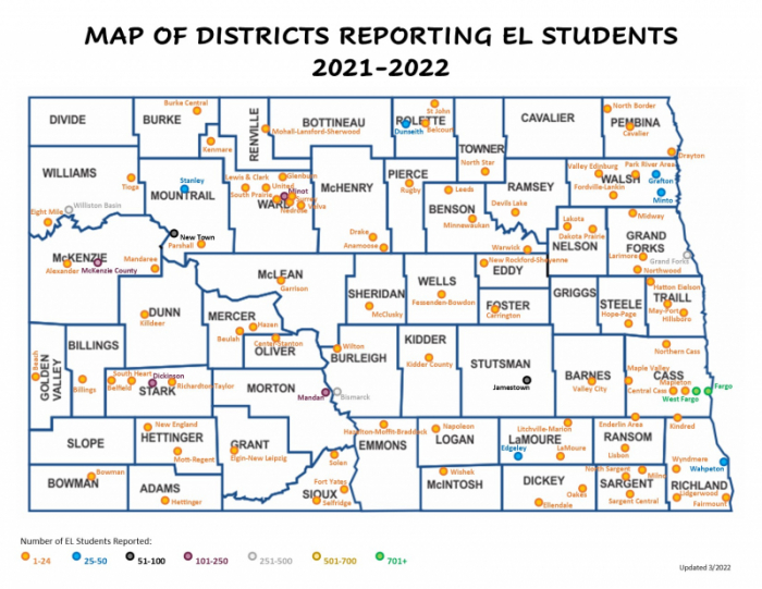 2021-2022 map of English learner students by North Dakota public school district