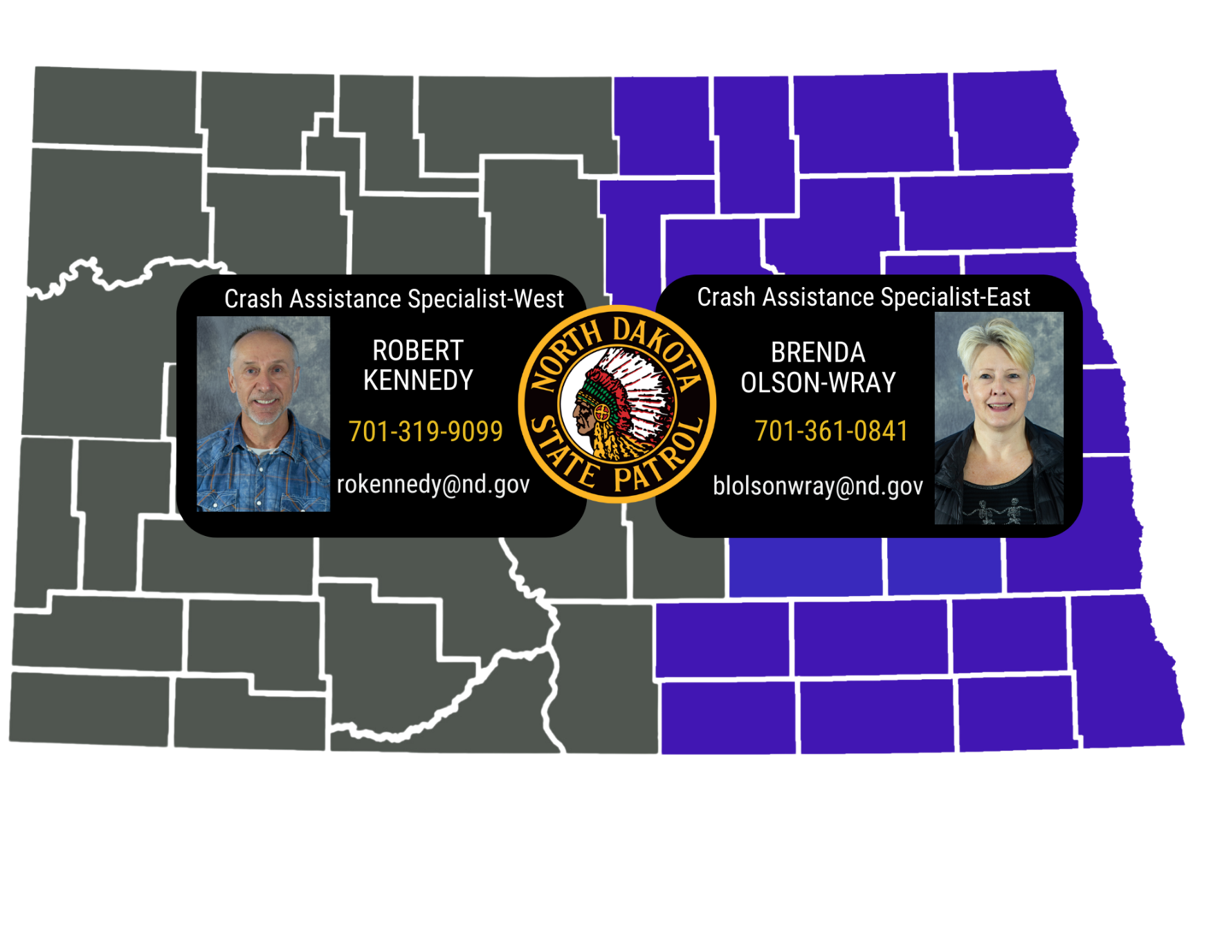 Contact information for Crash Assistance Specialists Robert Kennedy and Brenda Olson Wray