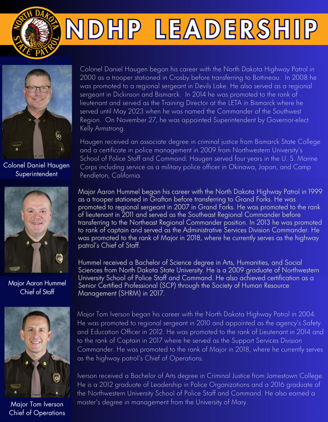 NDHP Leadership Col Haugen, Major Hummel and Major Iverson
