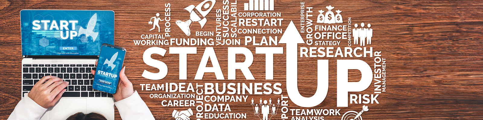 Business start up graphic with word cloud and laptop.