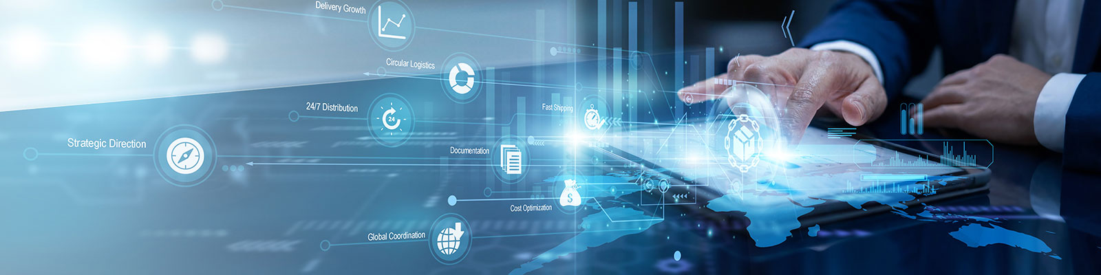 Graphic showing business person working through trade logistics
